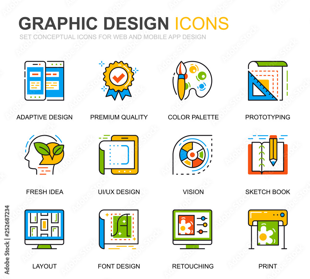 Simple Set Web and Graphic Design Line Icons for Website and Mobile Apps. Contains such Icons as Studio, Tools, App Development, Retouching. Conceptual color line icon. Vector pictogram pack.