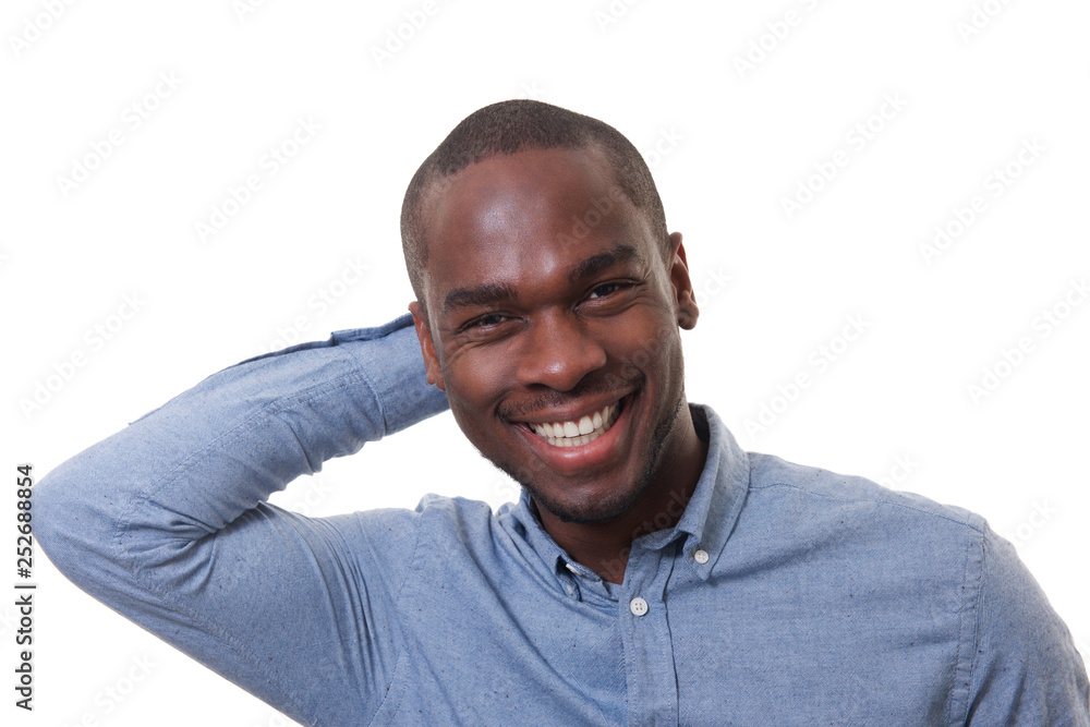 happy african american man laughing against isolated white background happy african american man laughing against isolated white background