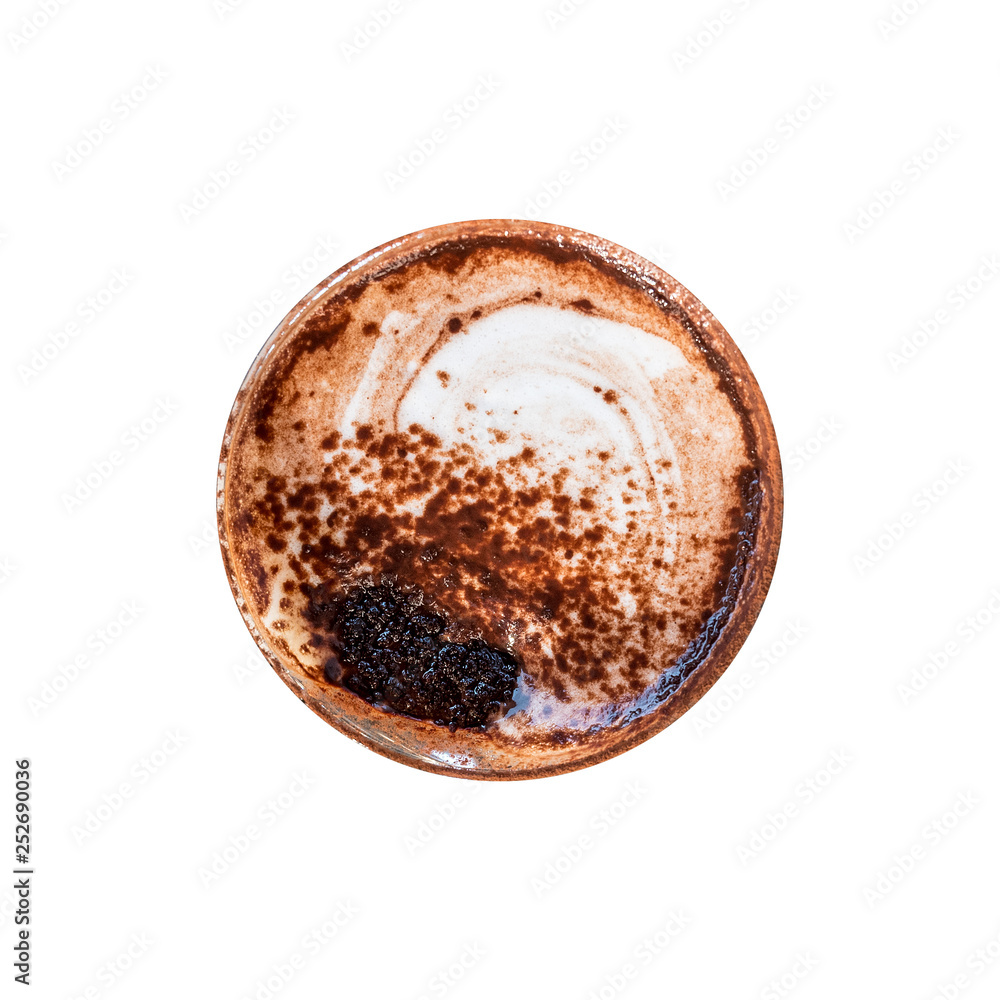 Top view of Marocchino is coffee drink from Alessandria, Italy. Served in a small glass and consists espresso cocoa powder and milk froth isolated on white background. Top view of Marocchino is coffee drink from Alessandria, Italy. Served in a small glass and consists espresso cocoa powder and milk froth isolated on white background.