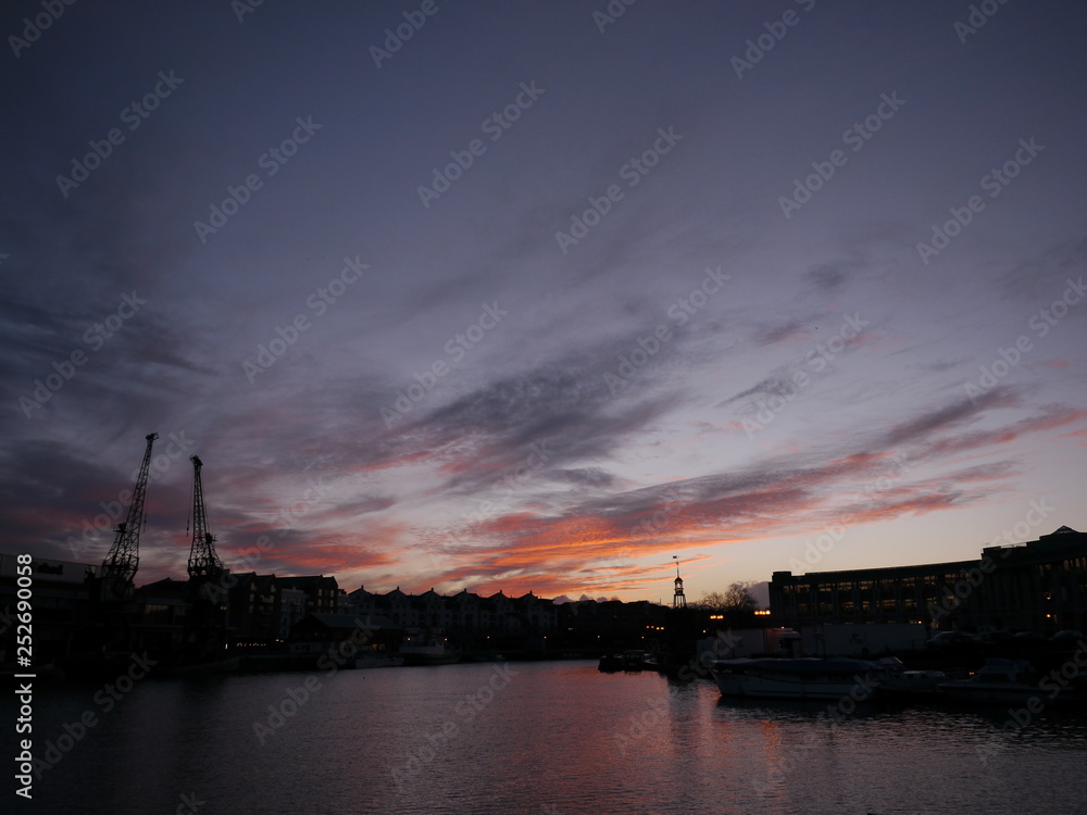 A colourfull dramatic winter sunset at Bristol Harbourside