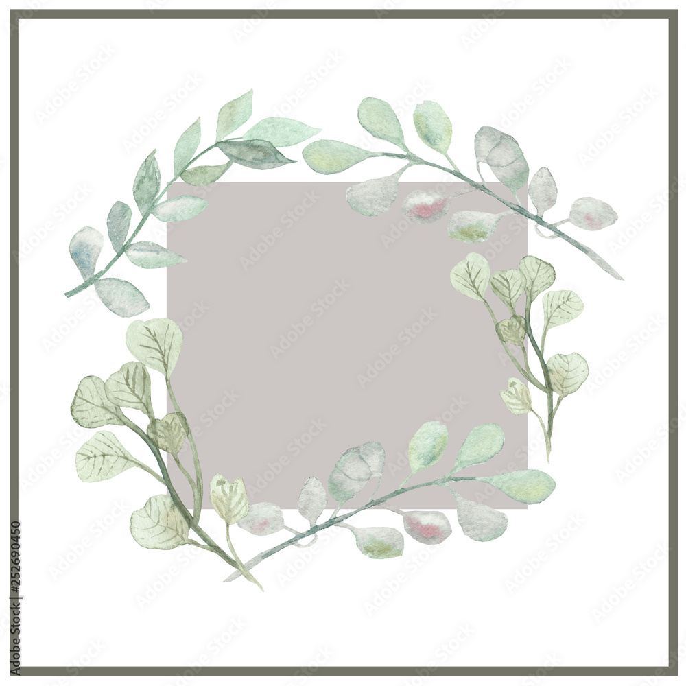 Watercolor framed by the branches of the eucalyptus tree isolated on white background. Summer illustration for beautiful design of posters, cards, invitations.