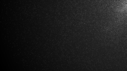 Natural organic dust particles floating on a black background. Glittering sparkling particles randomly rotate. White dynamic particles. Particles flickering in space 3d illustration