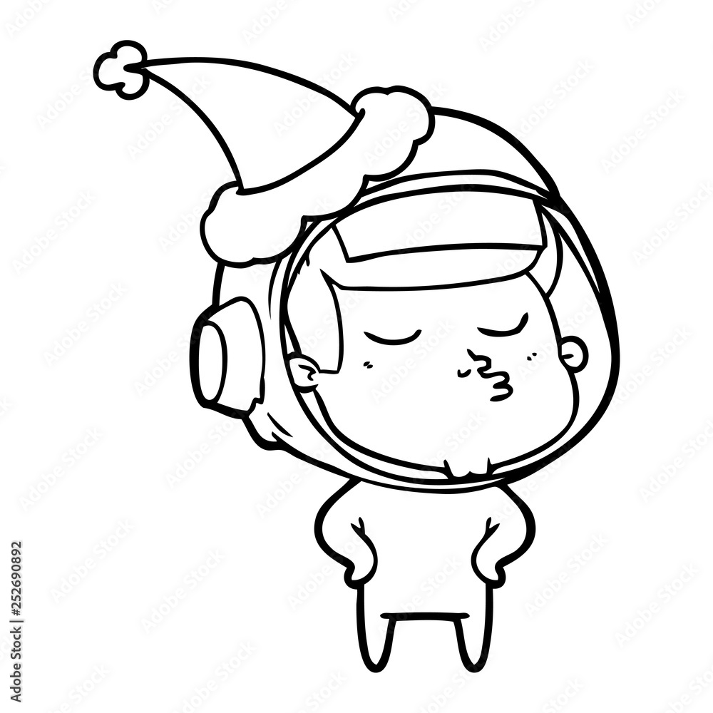 line drawing of a confident astronaut wearing santa hat