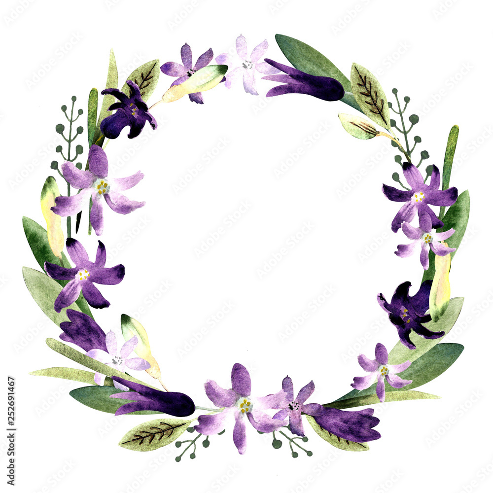 Wreath with flowers, leaves, herbs. Watercolor Illustration on white background.