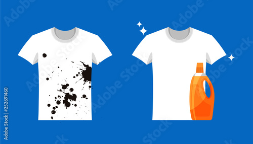 Advertising of washing powder and detergent. Clothes before and after wash. Flat blank and dirty t-shirt. Mock up of white shirts isolated on blue background.