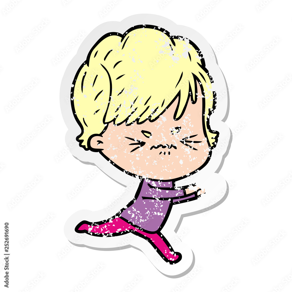 distressed sticker of a cartoon frustrated woman distressed sticker of a cartoon frustrated woman