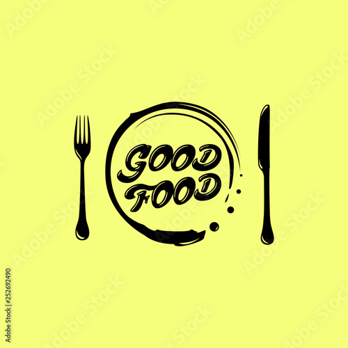 Love Eat logo. Cafe or restaurant emblem. knife with fork, on a yellow background.