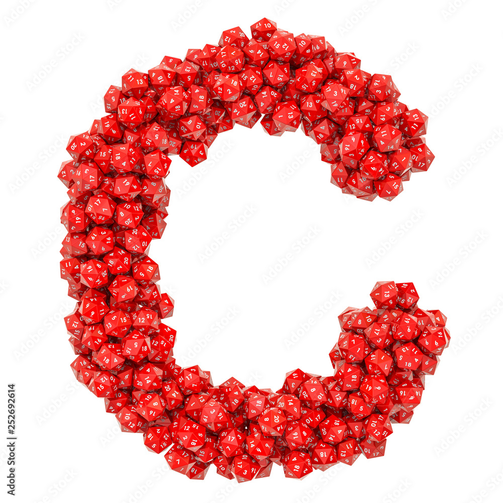 Alphabet letter C from red twenty-sided dice, 3D rendering