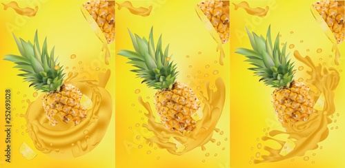 Pineapple juice close-up. Fresh pineapple juice. Splashes with pineapple. Vector graphics.