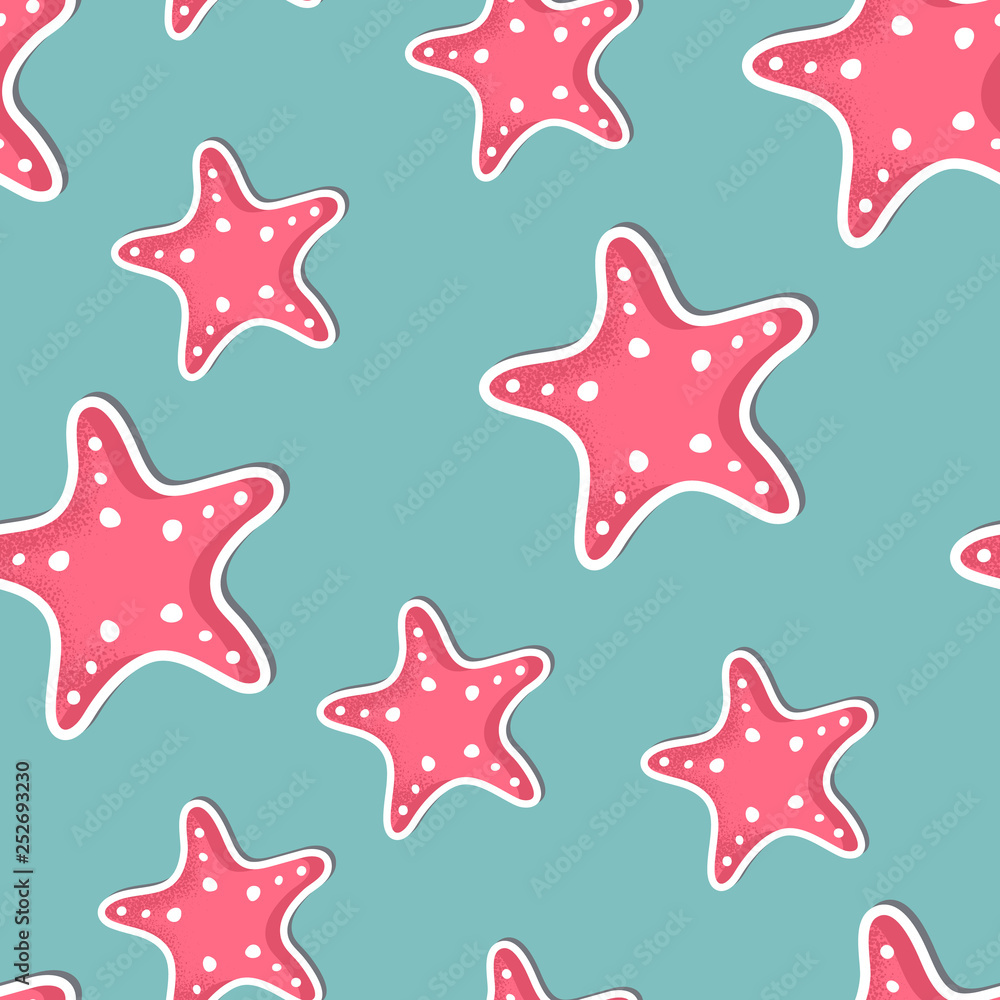 Vector Illustration. Cartoon sea star seamless background in modern flat style. Ocean animal character pattern. Sea design in green background