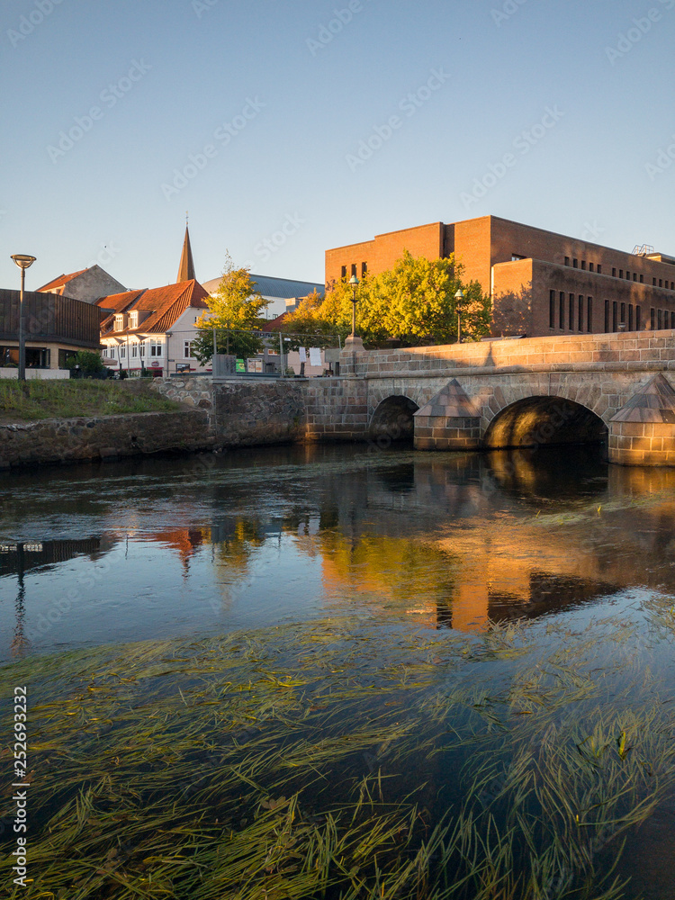 Vejle city center with bridge and Vejle River in Vejle, Denmark