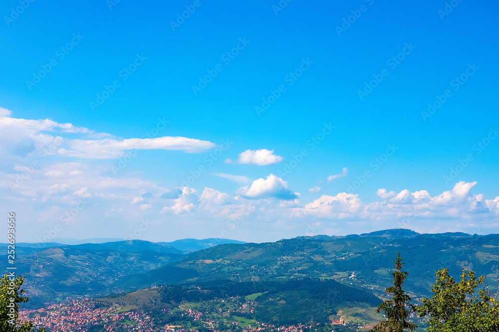 View from the top of the mountain to the highlands and the city of Sarajevo. Sarajevo, Bosnia and Herzegovina