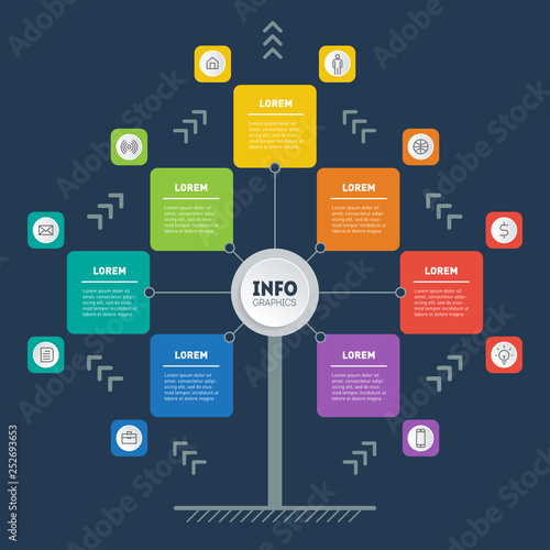 Vertical Business presentation concept with 7 options. Web Template of tree, info chart or diagram. Vector. Infographic of technology or education process with 7 steps.