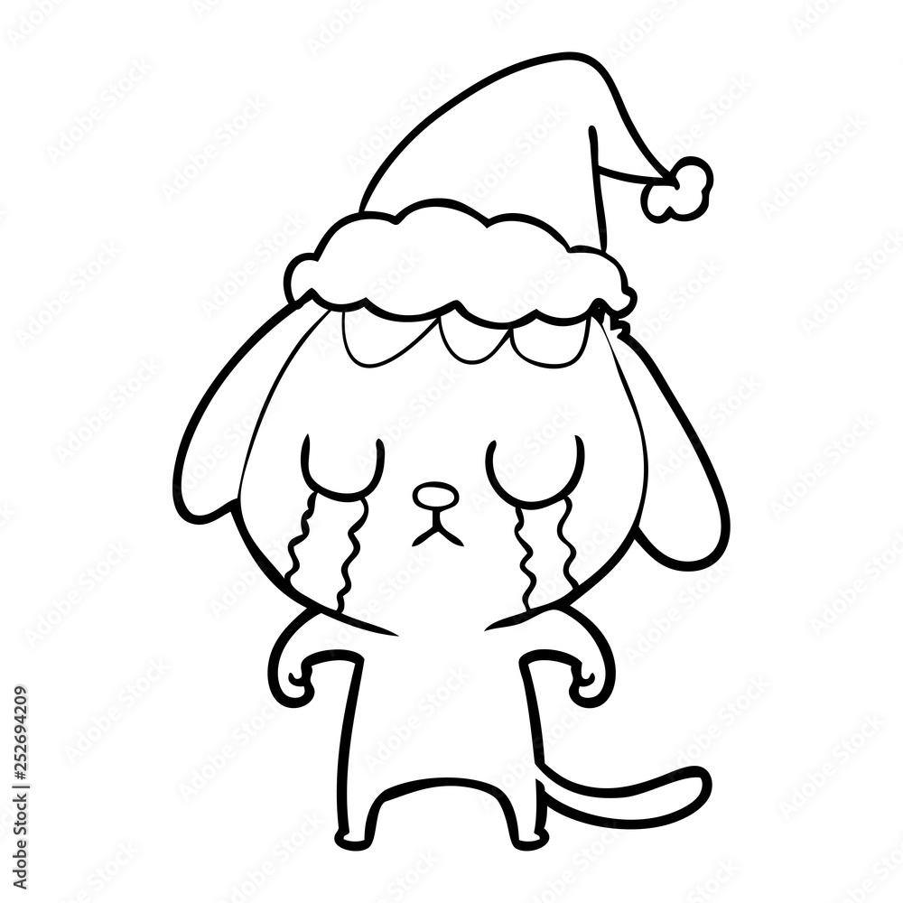 cute line drawing of a dog crying wearing santa hat cute line drawing of a dog crying wearing santa hat