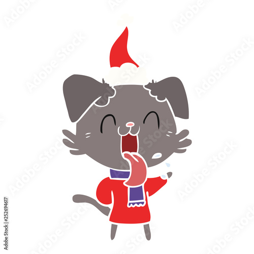 flat color illustration of a panting dog wearing santa hat