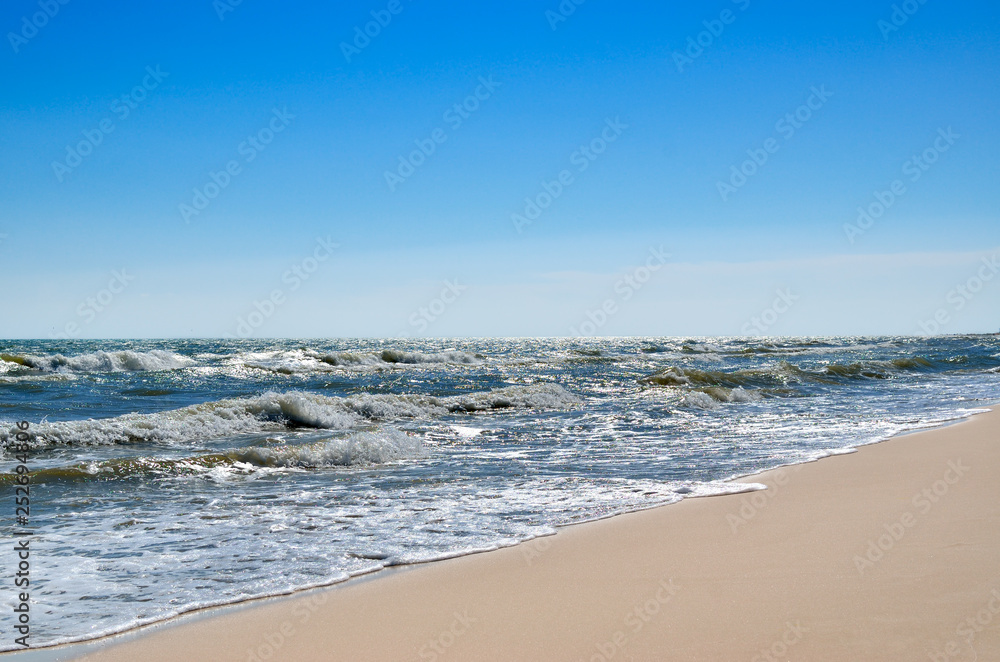 Sea waves washed clean beach made of shells. Landscape on a wild beach. The sea in the summer.