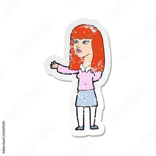 retro distressed sticker of a cartoon woman gesturing to show something