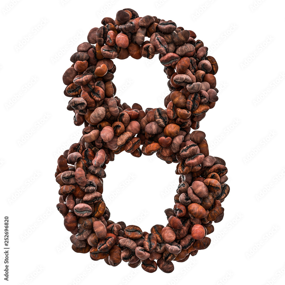 Number 8 from roasted coffee beans, 3D rendering Number 8 from roasted coffee beans, 3D rendering