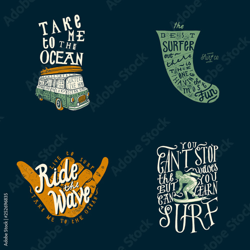 Surfing t-shirt design set: take me to the ocean - surfing van, surfboard fin quote lettering, ride the wave shaka sign - hand gesture, you can learn to surf - motivational print. Surfing prints.