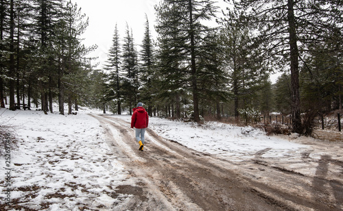 Young teenage girl walking on a frozen road at Troodos mountains in Cyprus