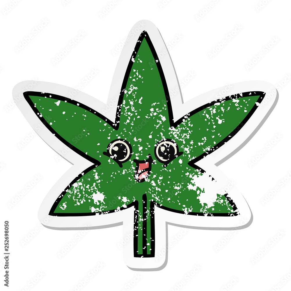 distressed sticker of a cute cartoon marijuana leaf distressed sticker of a cute cartoon marijuana leaf
