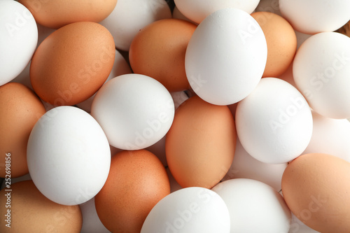 Many chicken eggs as background, space for text