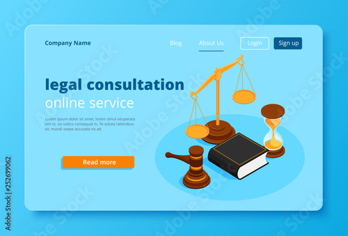 isometric vector image on a blue background, scales and book, hourglass and hammer, attributes of legal assistance, landing page for a site