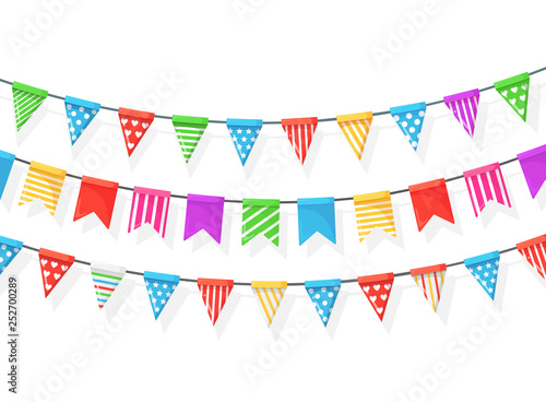 Banner with garland of colour festival flags and ribbons, bunting isolated on white background. Decoration, symbols for celebrate happy birthday party, carnaval, fair. Vector flat design