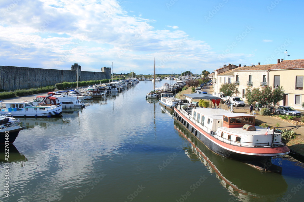 Medieval city of Aigues mortes, a resort on the coast of Occitanie region, Camargue, France
