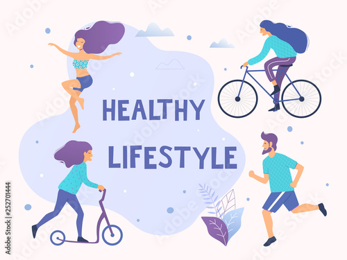 Healthy active lifestyle vector illustration. Different physical activities: running, aerobics, scooter, bicycle.