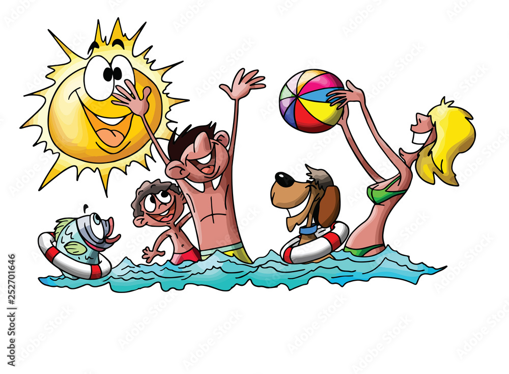 Cartoon family on vacation, playing ball and spending time swimming in the sea vector illustration Cartoon family on vacation, playing ball and spending time swimming in the sea vector illustration