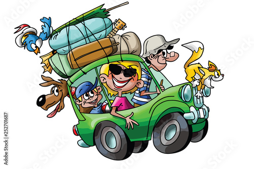 Cartoon family going on vacation with their cars fully loaded vector illustration