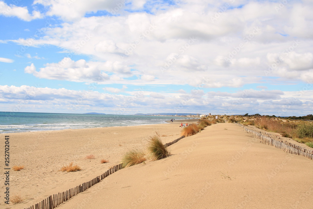 Natural and wild beach with a beautiful and vast area of dunes, Camargue region in the South of Montpellier, France Natural and wild beach with a beautiful and vast area of dunes, Camargue region in the South of Montpellier, France