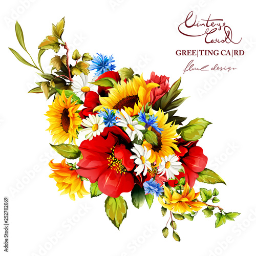 Vintage bouquet of sunflower with pomegranate, chamomile, cornflower leaves and cornflowers. Abstract style. Vector stock.
