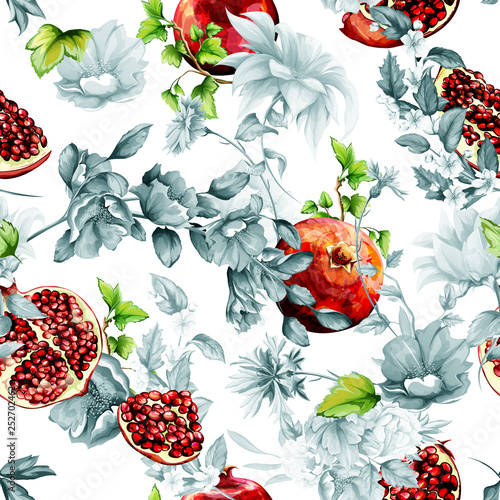 Seamless pattern. Pomegranate fruit, flowers and leaves. Stylized background. Hand drawn. Watercolor, vector - stock.