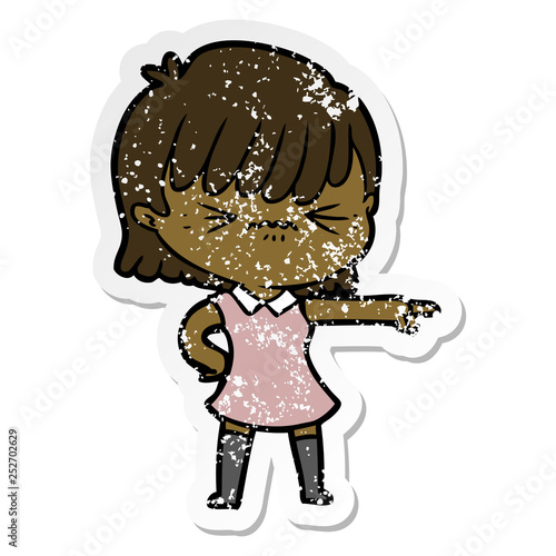distressed sticker of a annoyed cartoon girl blaming