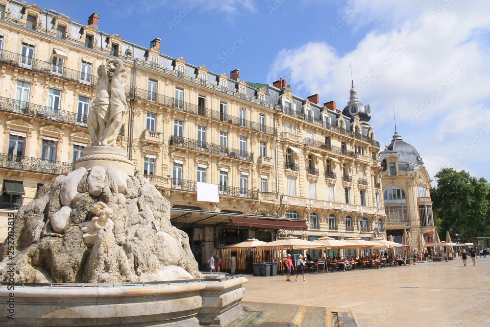 Fototapeta premium Comedy square in Montpellier, its opera and the three graces fountain, France