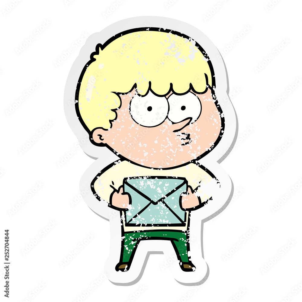 distressed sticker of a cartoon curious boy carrying a gift