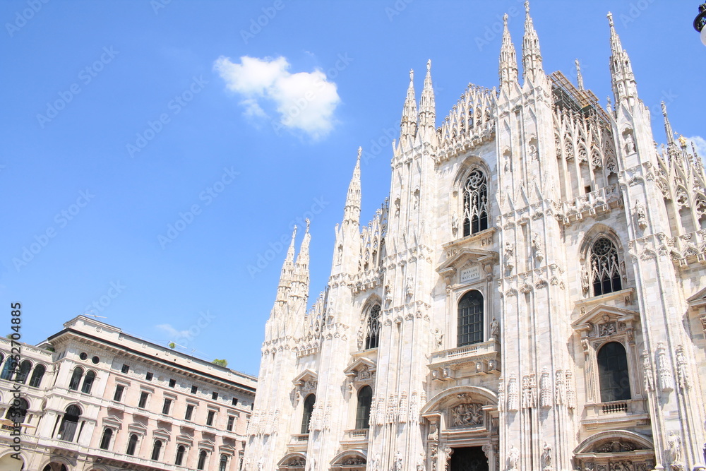 The amazing Milan Cathedral, Duomo di Milano, the largest Gothic cathedral in the world and Vittorio Emanuele gallery in Square Piazza Duomo, Italy