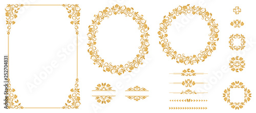 Vector set of graphic elements for design in gold color. Floral elements for design of invitations, frames, menus, monograms, labels, websites.