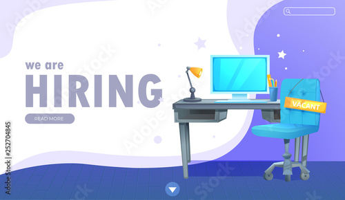 We are hiring banner with office workspace and sign vacant and inscription. Business recruiting concept. Vector cartoon illustration.