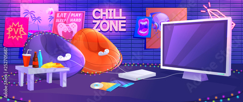 Teen game room interior. Play video games on the console with comfortable armchairs and snacks for gamers. 
