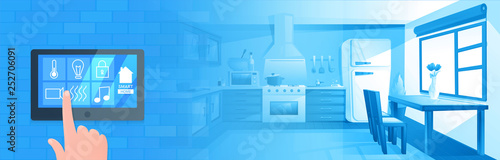 Smart home technology banner. Digital screen on wall. Vector cartoon illustration