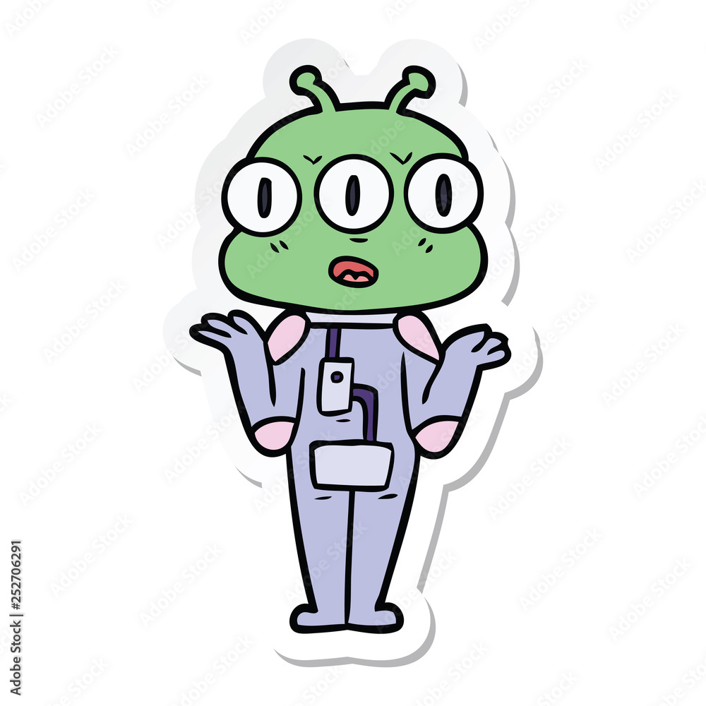 sticker of a cartoon three eyed alien shrugging sticker of a cartoon three eyed alien shrugging