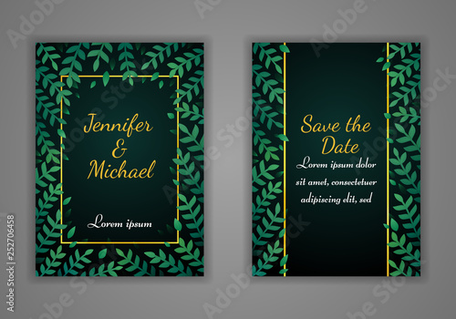 Set of rectangular wedding invitation cards. Green leaves and golden frame on a dark background. Vector.