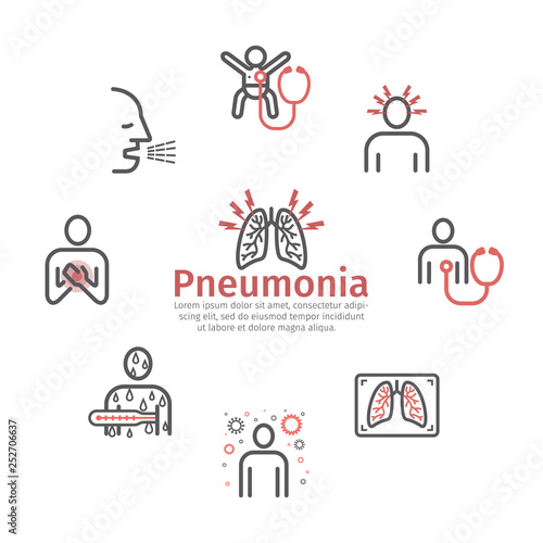 Pneumonia. Symptoms, Treatment. Line icons set. Vector infographics.