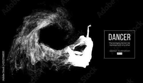 Abstract silhouette of a dencing girl, woman, ballerina on the dark, black background from particles. Ballet and modern dance. Background can be changed to any other. Vector illustration