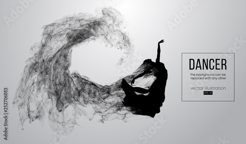 Abstract silhouette of a dencing girl, woman, ballerina on the white background from particles. Ballet and modern dance. Background can be changed to any other. Vector illustration