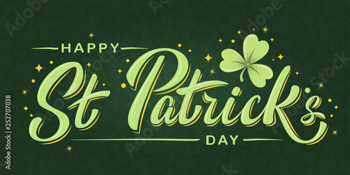 Happy St. Patrick's Day lettering poster with shamrock and stars on dark green clover background. For greeting cart, poster, banner, flyer, web pages, social media. Isolated vector illustration