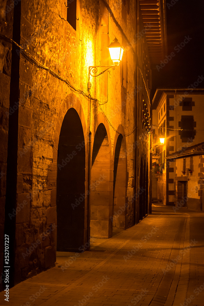 Empty street at night, Baztan, Navarra, Spain,